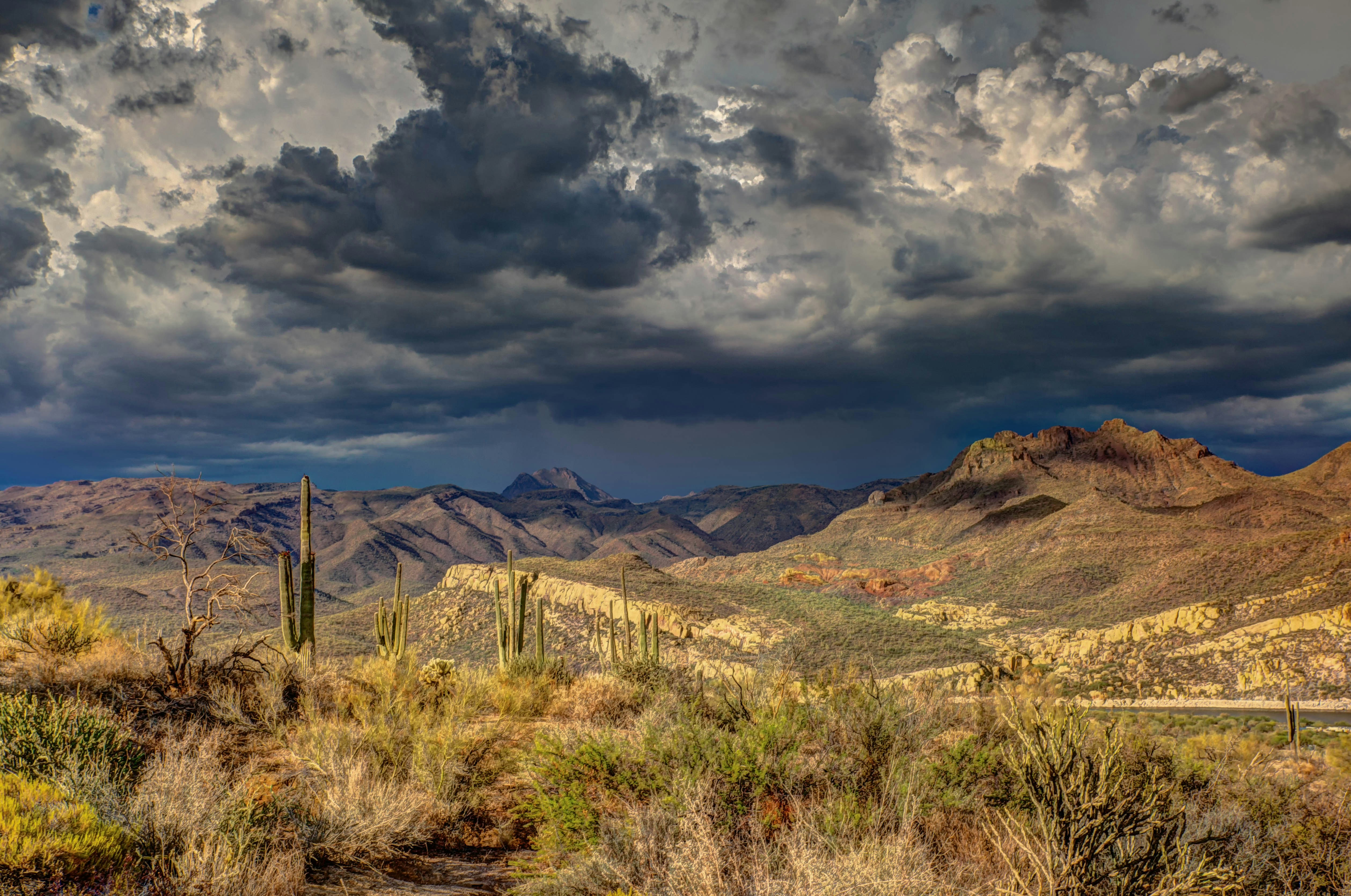Saguaros and rugged Arizona desert mountains beneath dramatic storm clouds