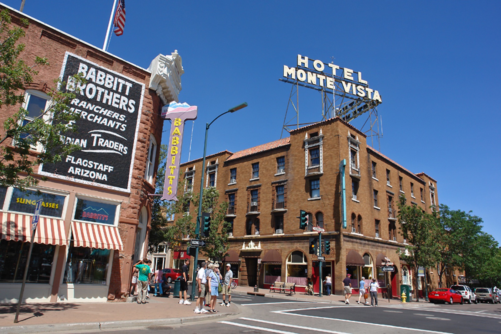 Historic hotel and streetscape in downtown Flagstaff, Arizona